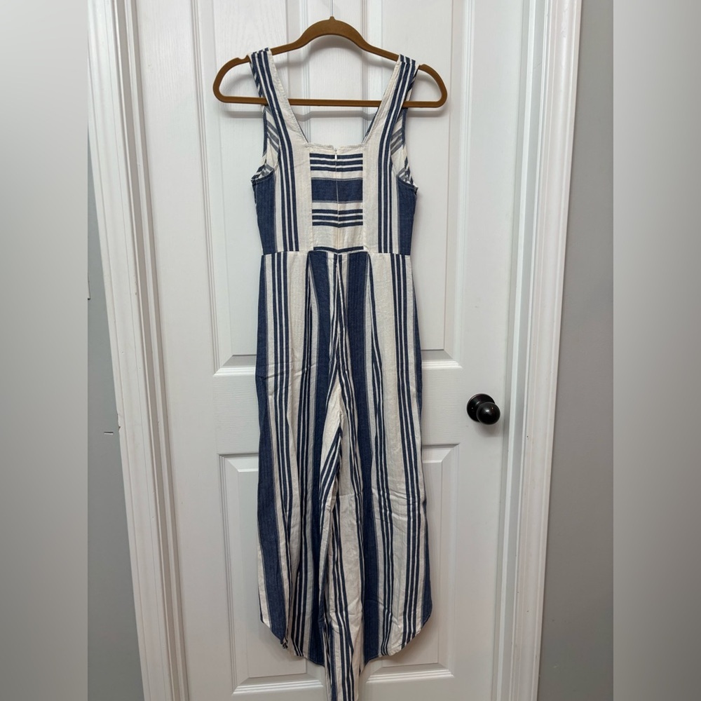 Blue Linen-Blend Striped Wide Leg Jumpsuit | Taylor & Sage S - Picture 8 of 11